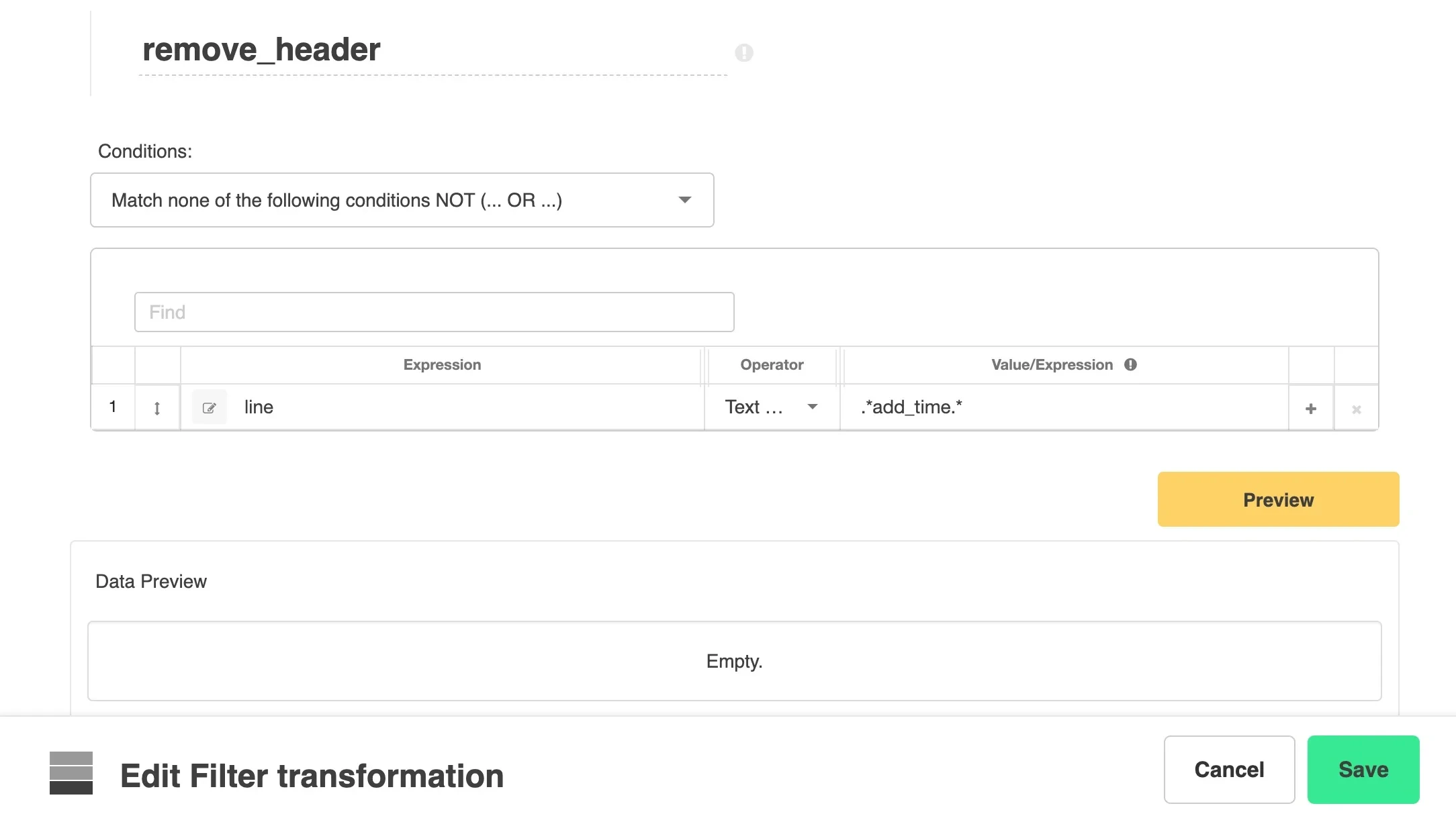 Filter component with NOT condition to remove header row