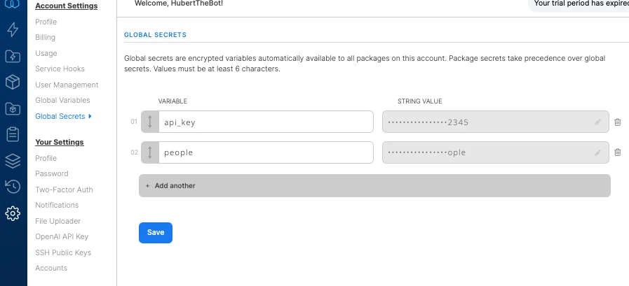 Global Secrets settings page in Account Settings