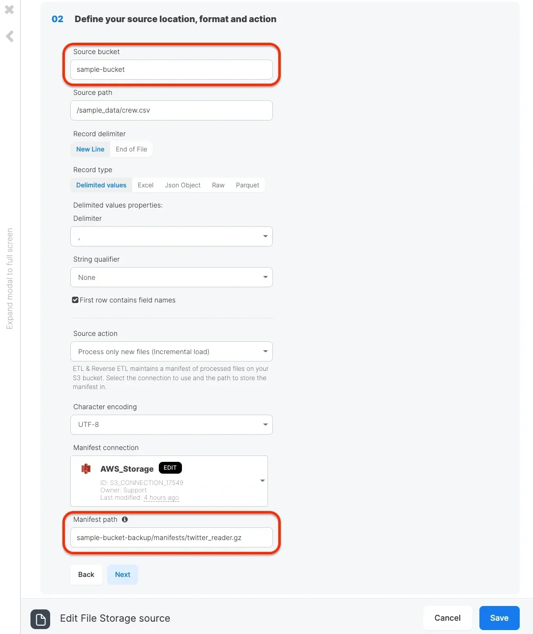 Incremental load settings with manifest connection and file path