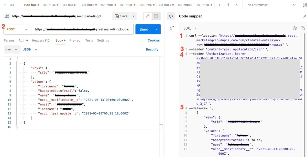 Postman code button with cURL output showing request details