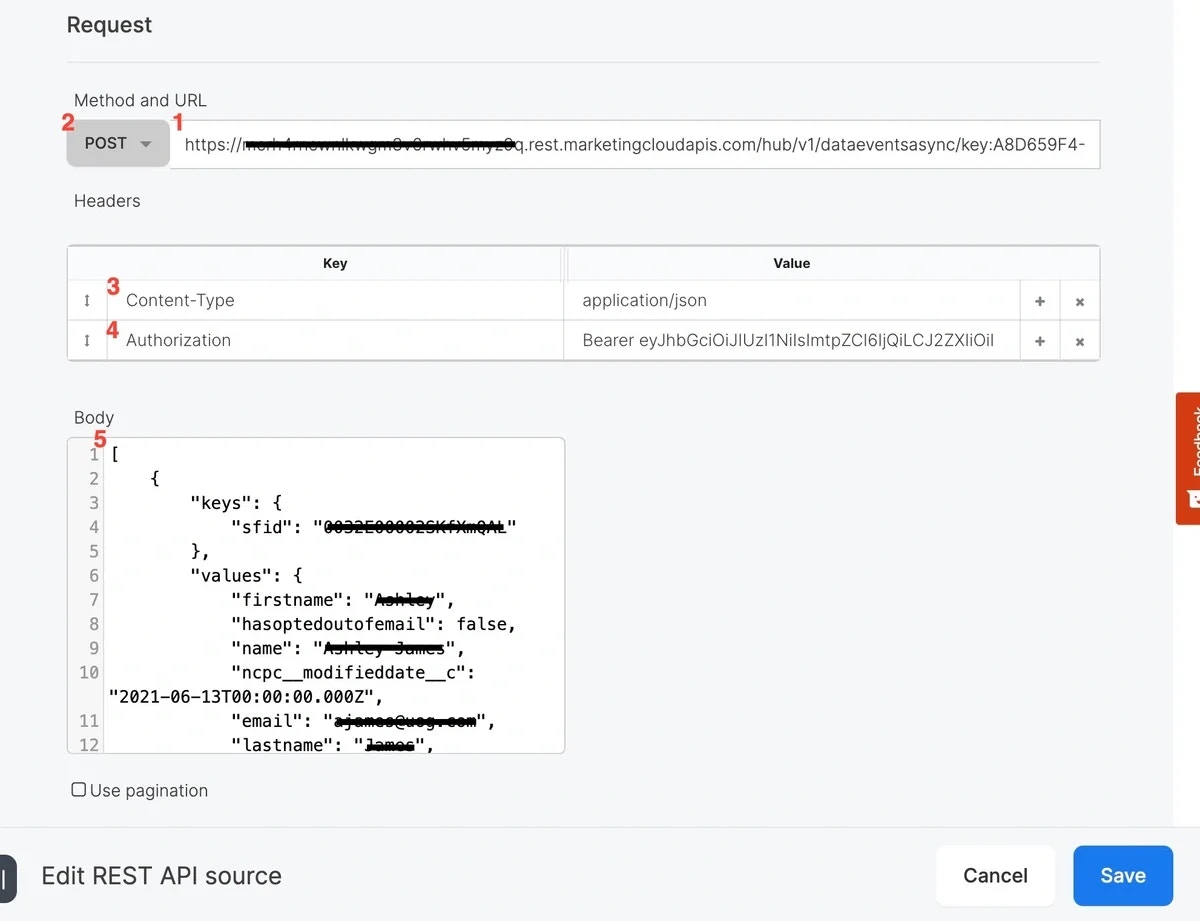 REST API source component configured with URL, method, and headers
