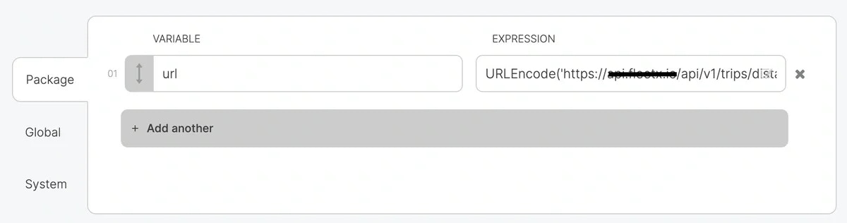 Package variable list showing the url variable with URLEncode