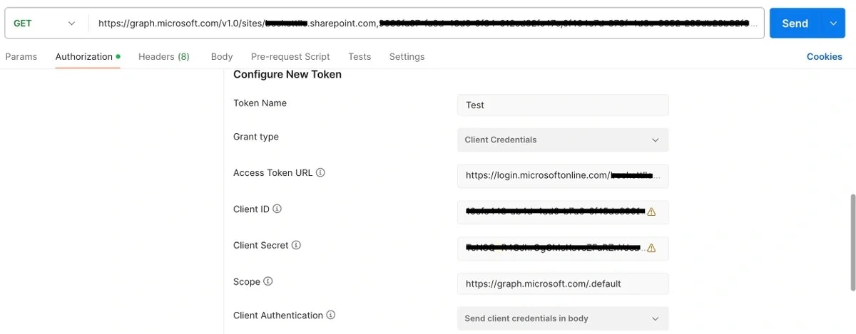Postman OAuth 2.0 authorization tab with credential fields
