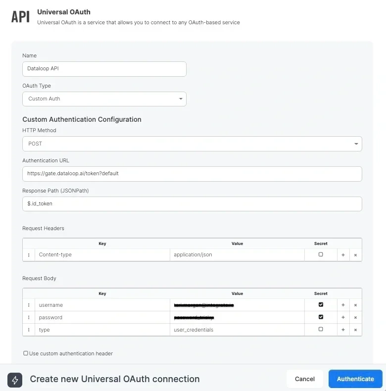 Universal OAuth Custom Auth connection configured for Dataloop