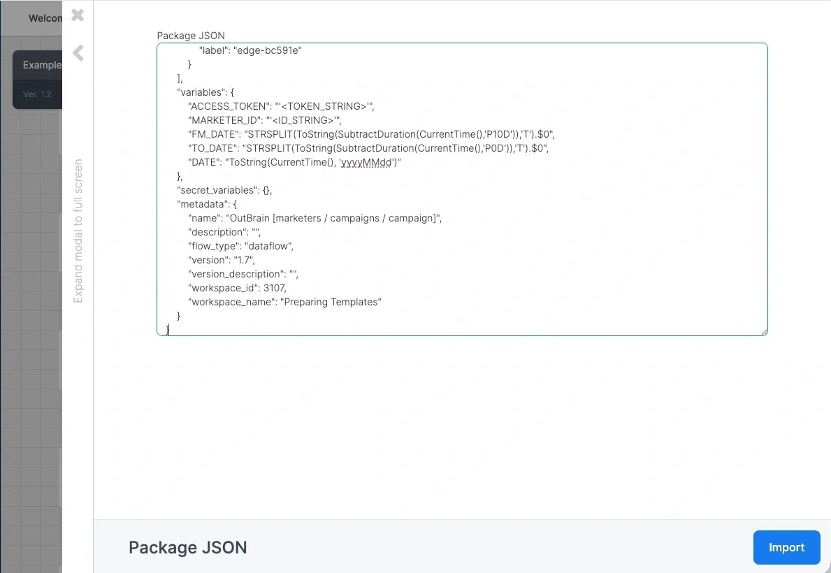 Import form with Package JSON input box and Import button