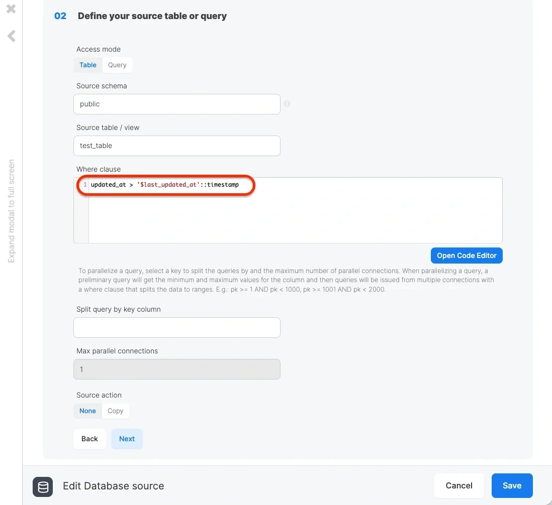 Database source component with a where clause using a timestamp variable