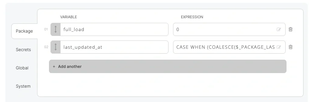 Package variables using CASE and COALESCE for last_updated_at