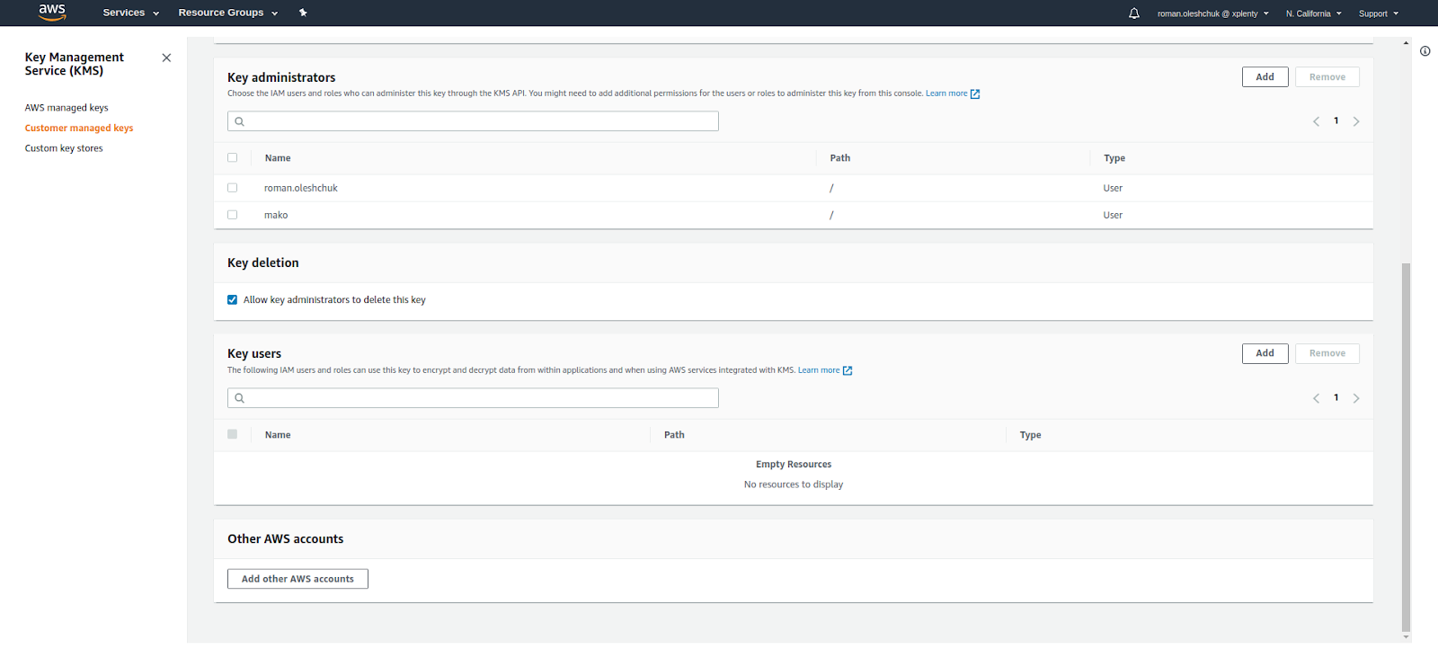 AWS KMS key administration page with Add other AWS accounts option