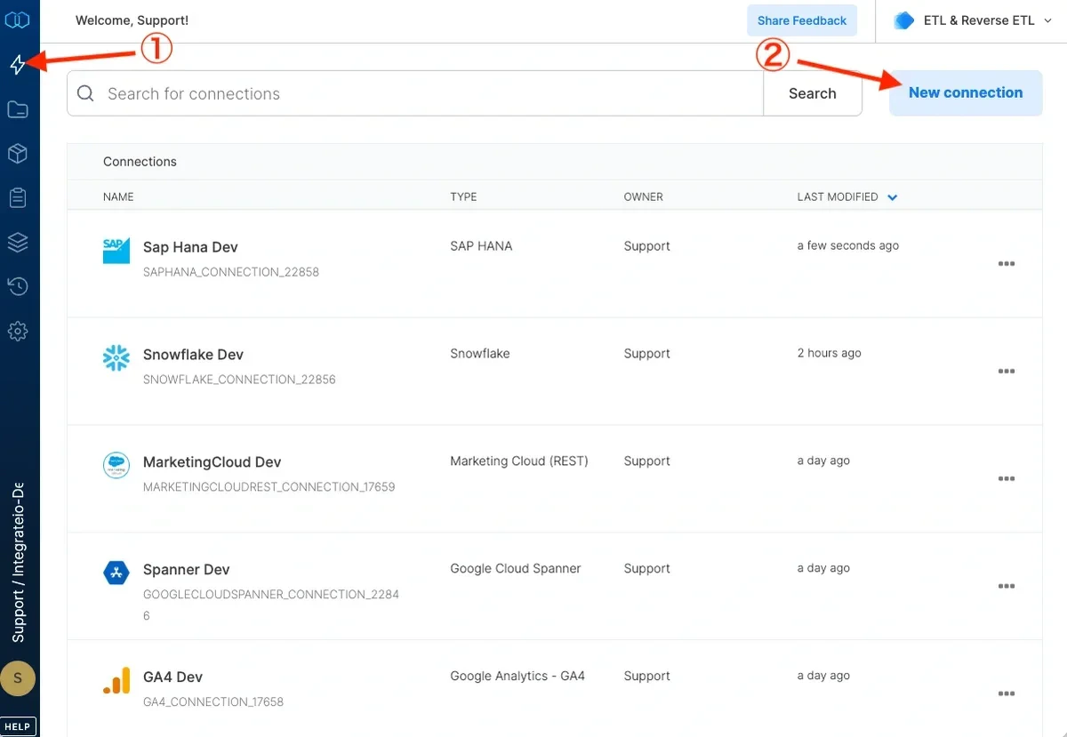 New connection button in the Connections page