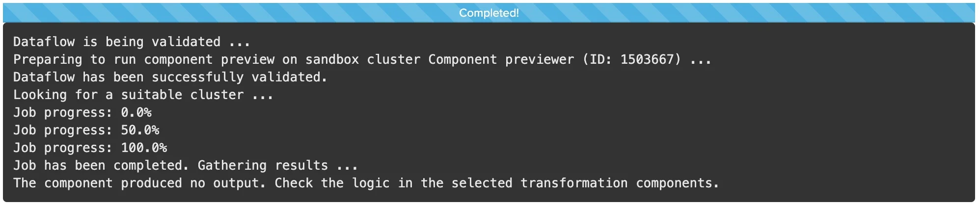 Preview log showing no data produced by the transformation