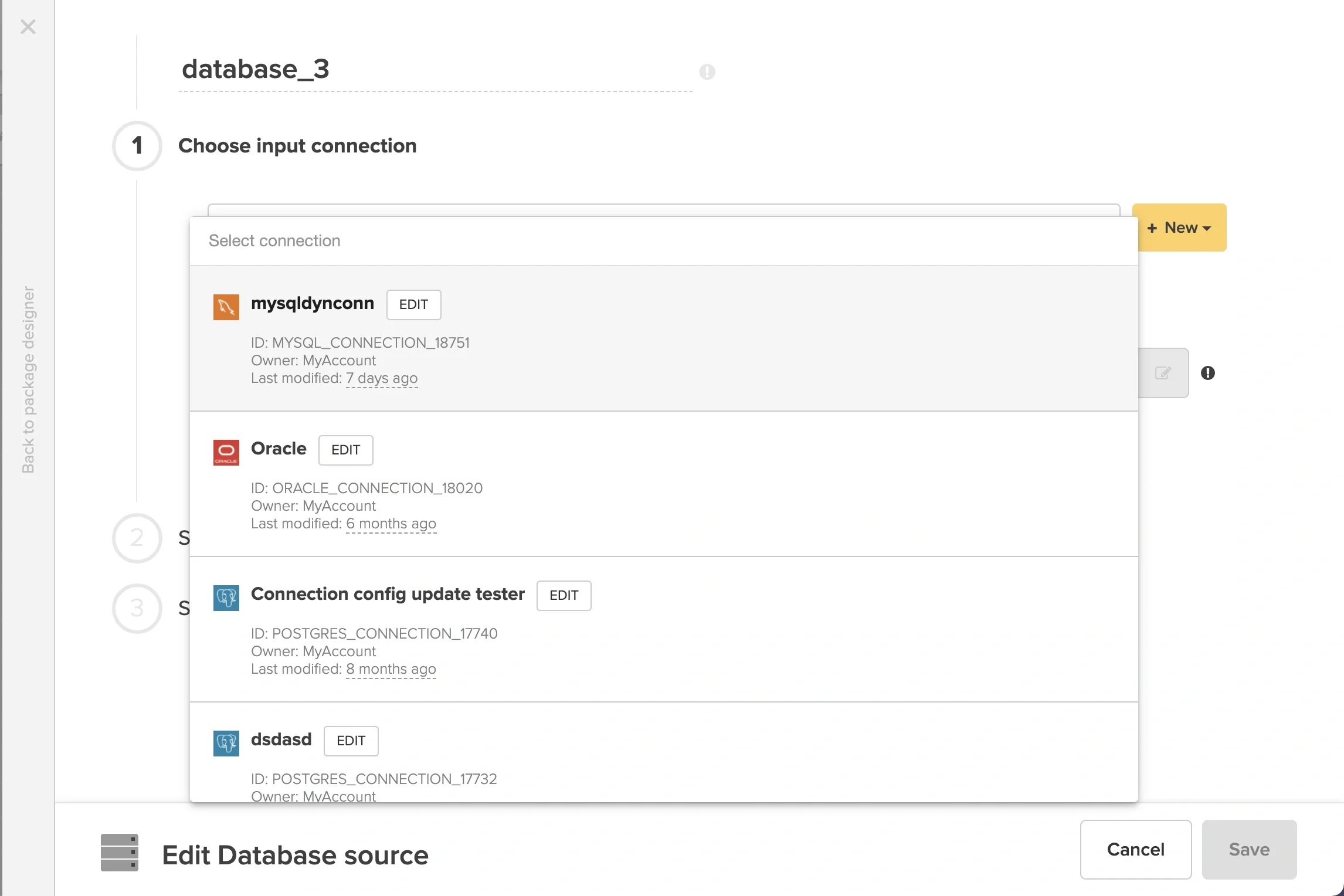 Connection dropdown in the database source component