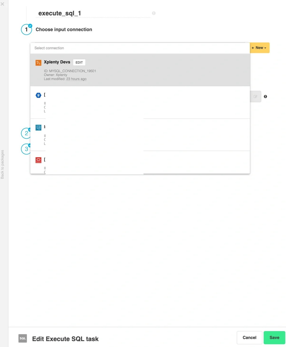 Connection dropdown in the SQL task component