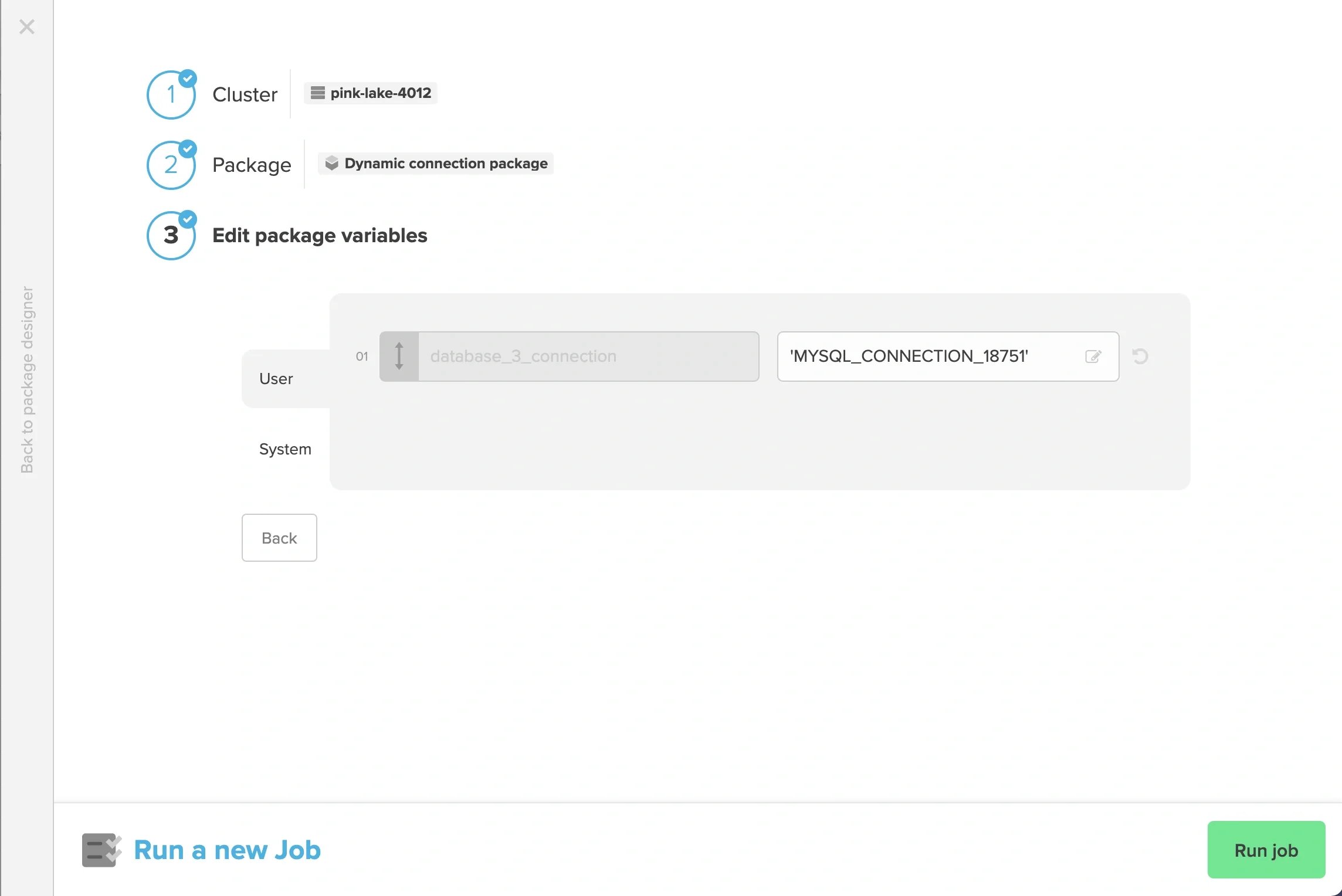 Run job dialog with connection variable override field