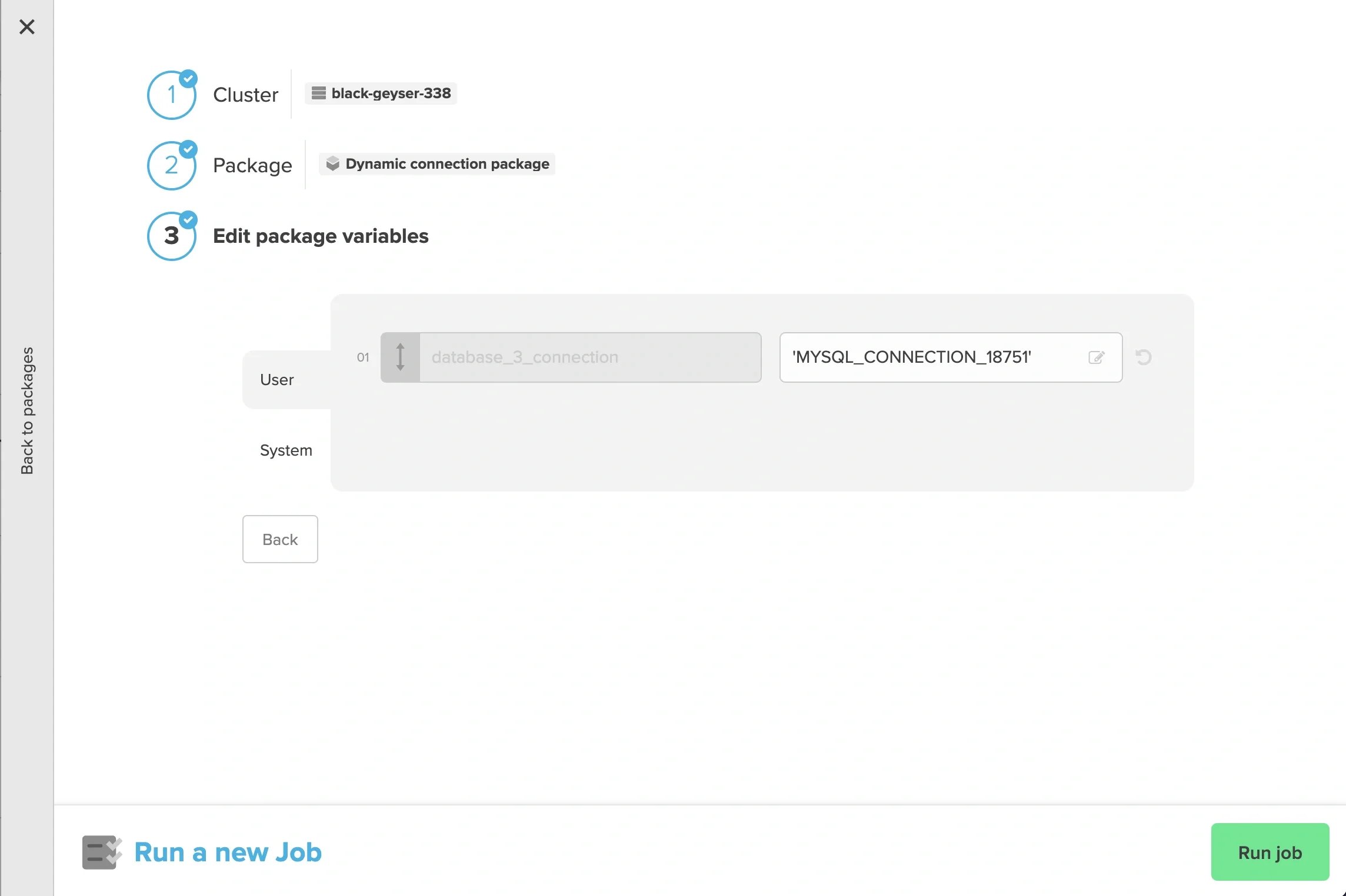 Variable override in the run job dialog from the Packages page