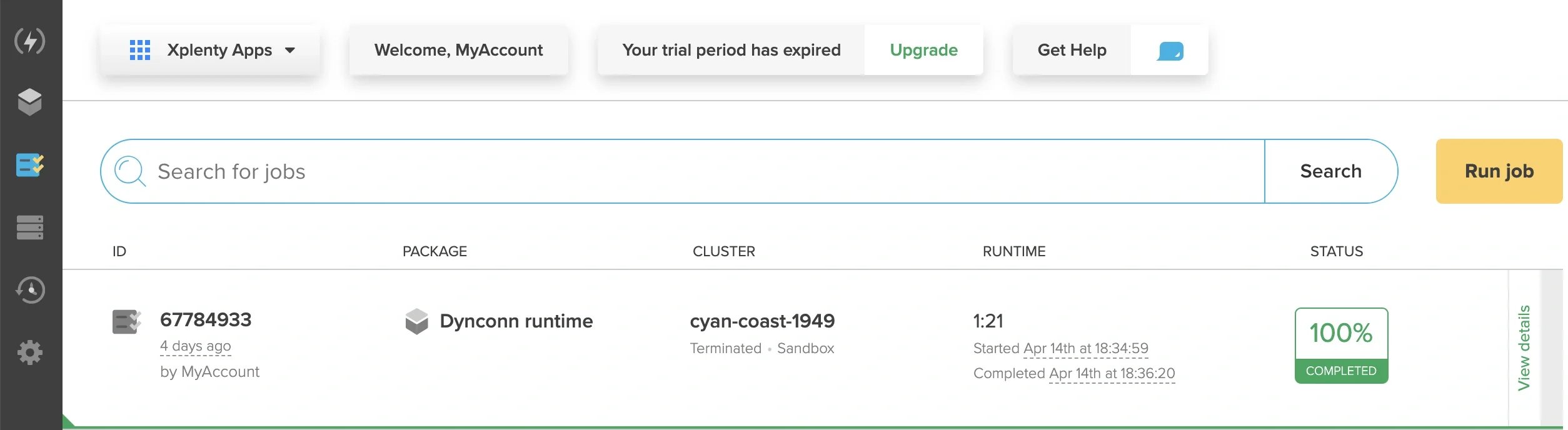 Run job option on the Jobs page