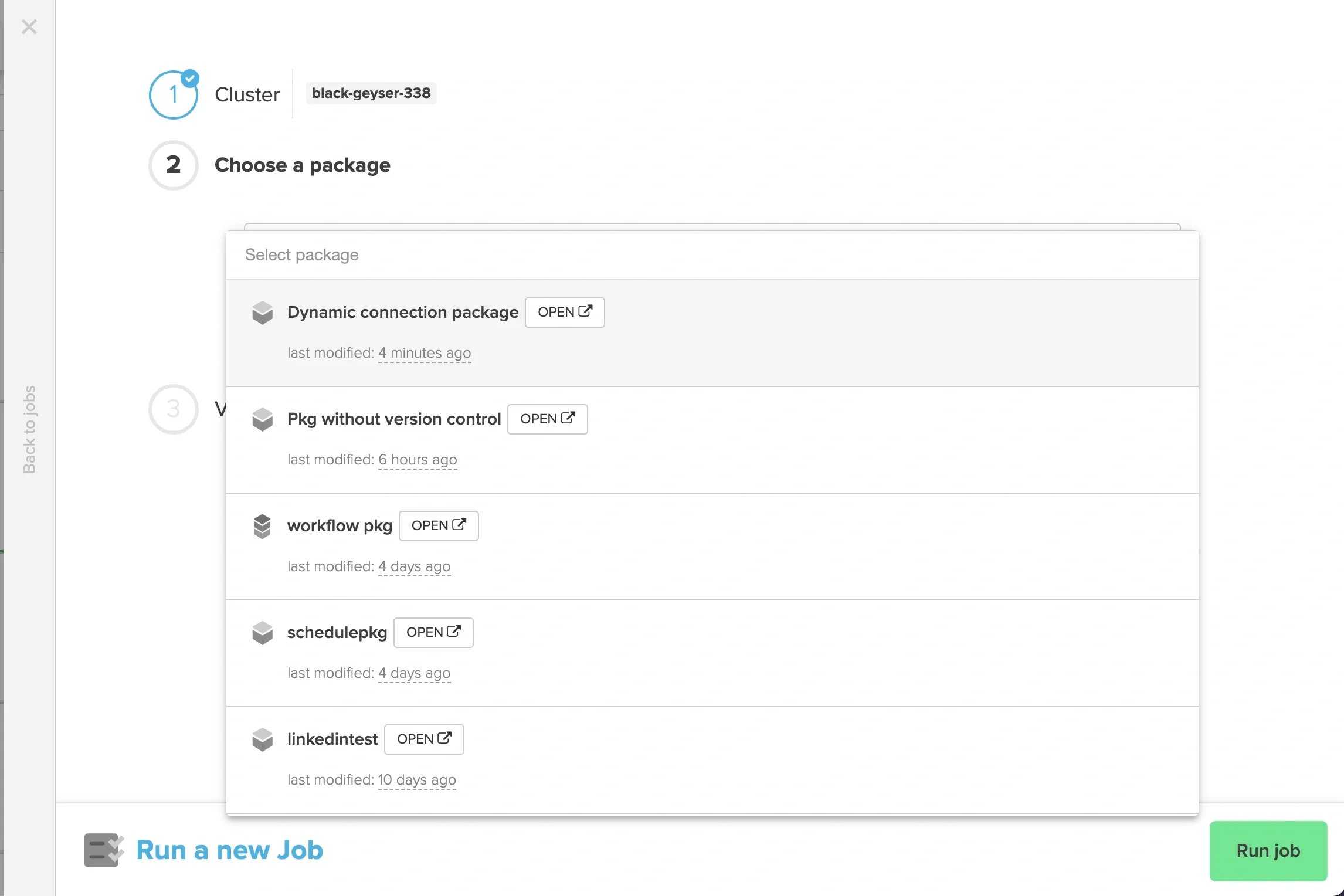 Package selection in the run job dialog from the Jobs page