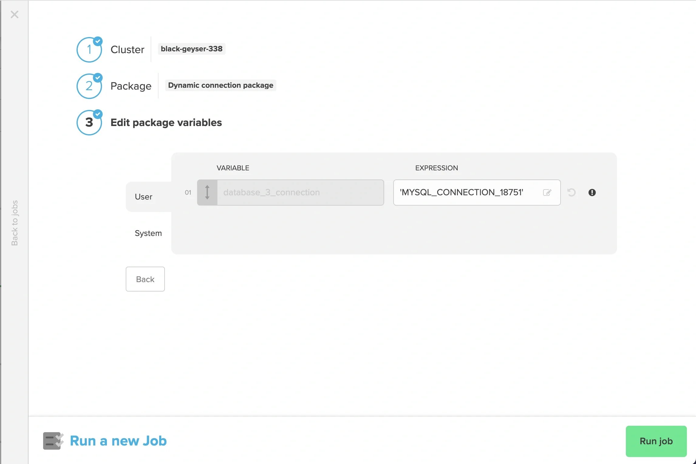 Variable override in the run job dialog from the Jobs page