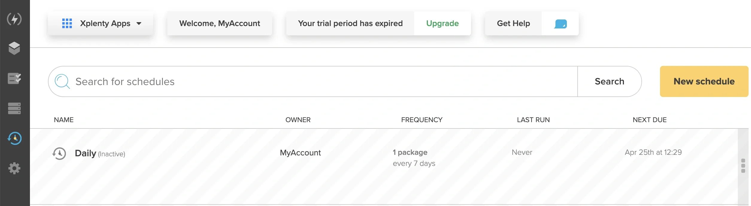 New schedule window with Add package button