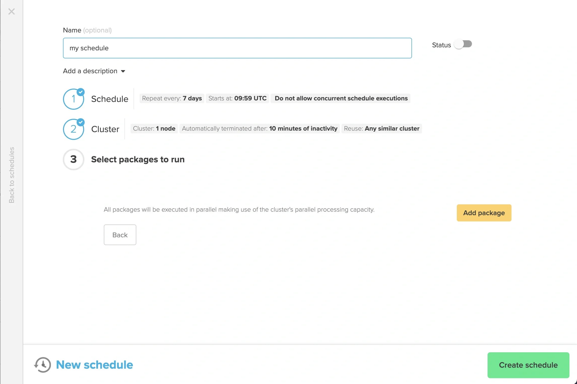 Package selection dropdown in the schedule dialog