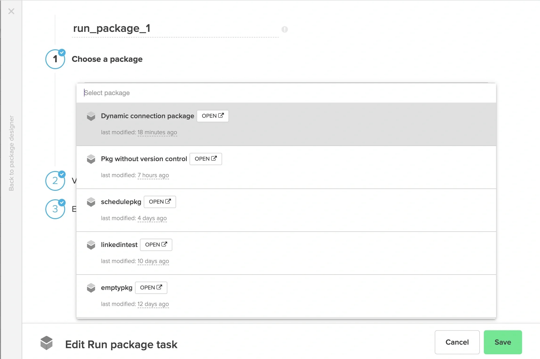 Package selection in the workflow run package task