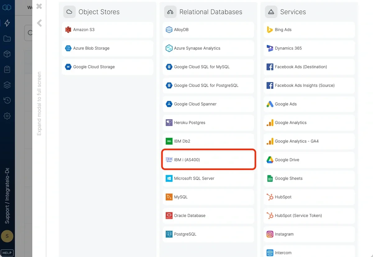 Selecting IBM i (AS400) as the connection type