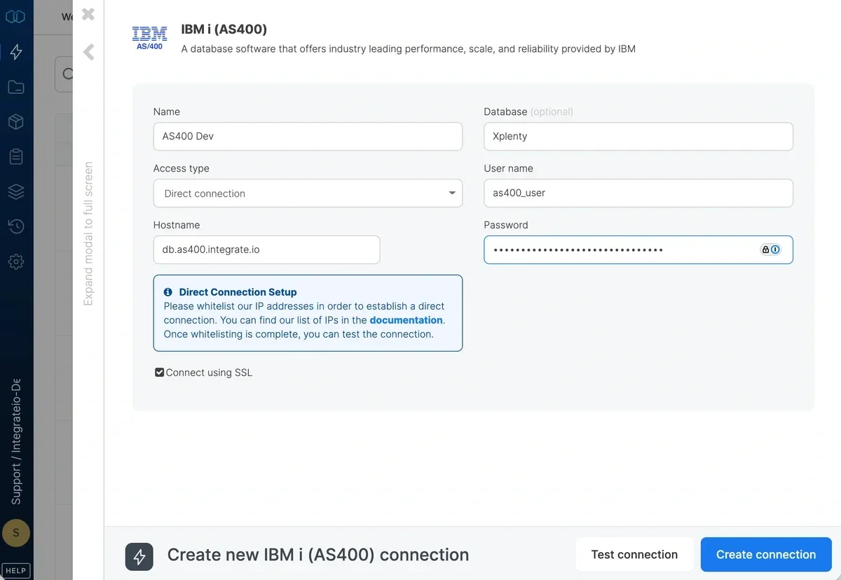 IBM i (AS400) connection configuration form with host, database, and credentials