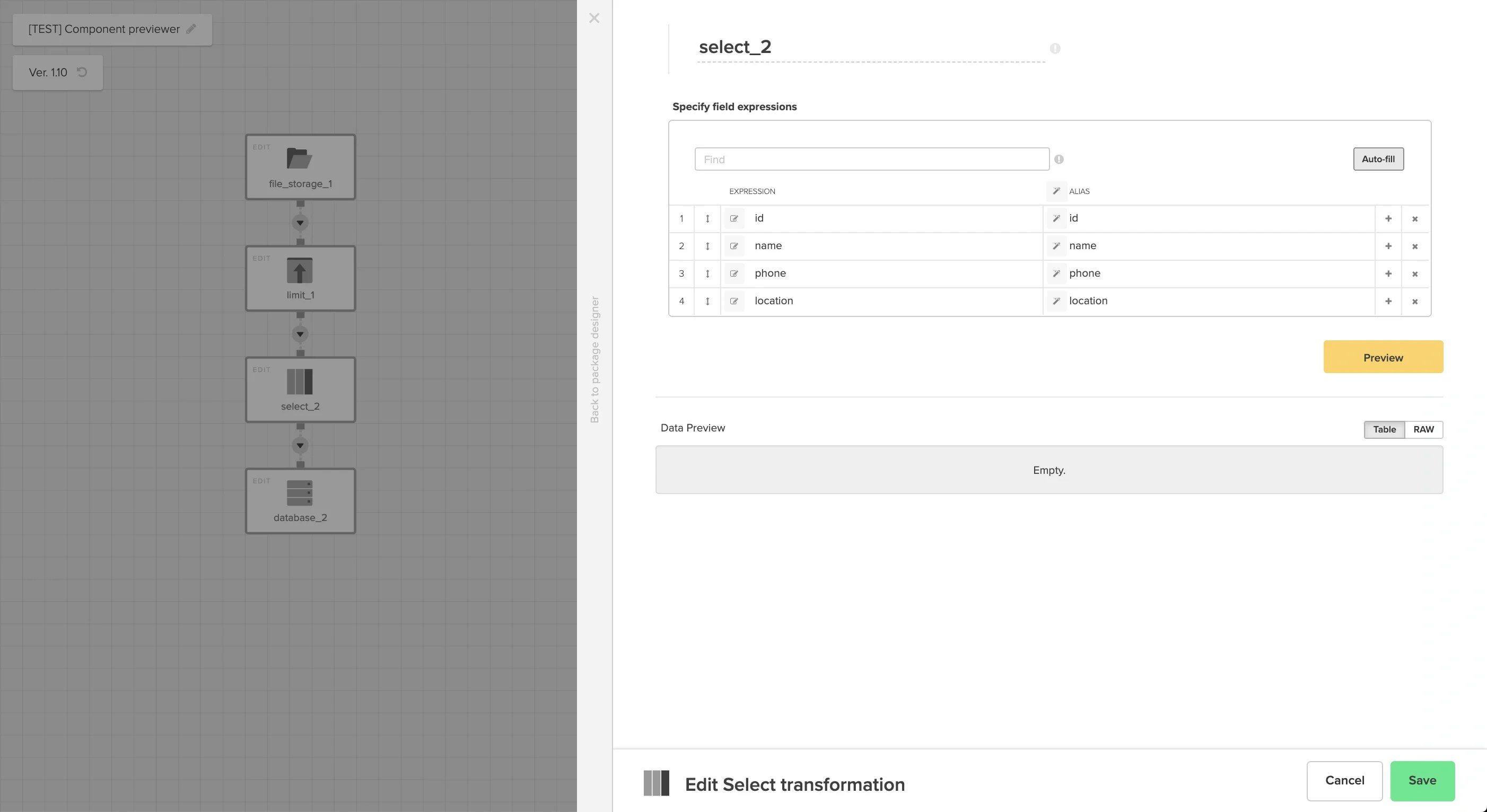 Transformation component receiving data from a source component
