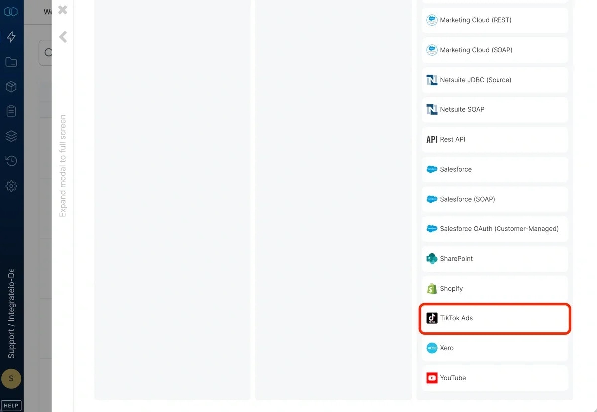 Selecting TikTok Ads from the connection type list