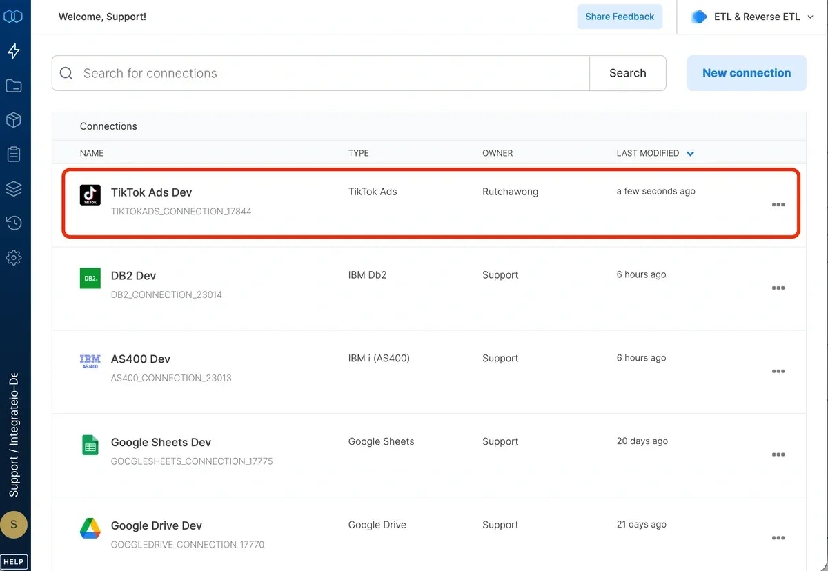 Naming the TikTok Ads connection and clicking Create connection