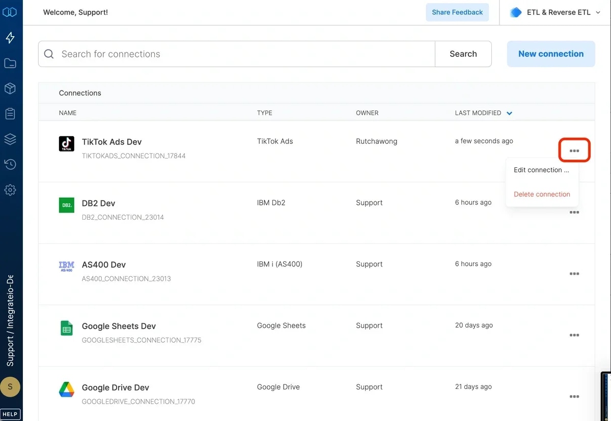 Connections menu showing TikTok Ads connection listing