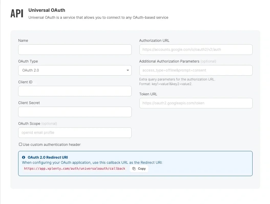 OAuth 2.0 authorization code flow connection form