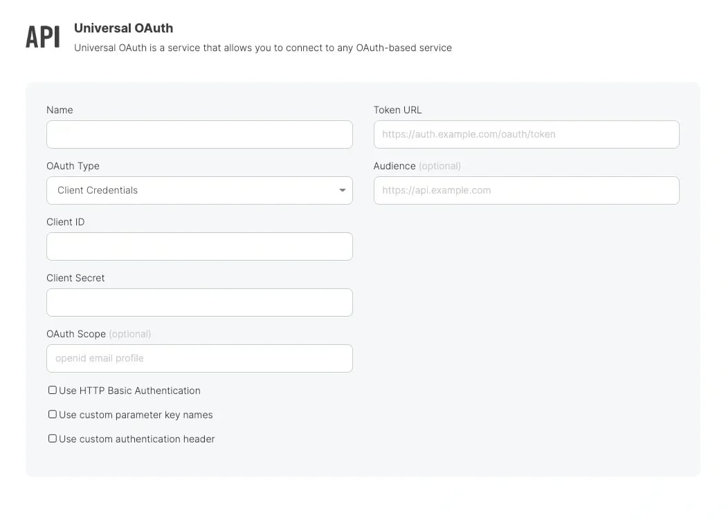Client Credentials authentication connection form
