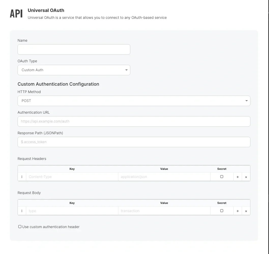 Custom Auth connection form with HTTP method and URL fields