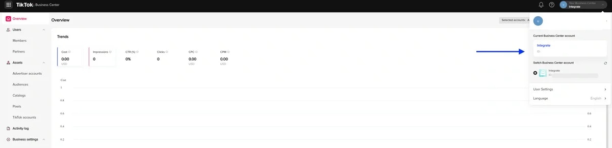 Business Center ID in the account list dropdown