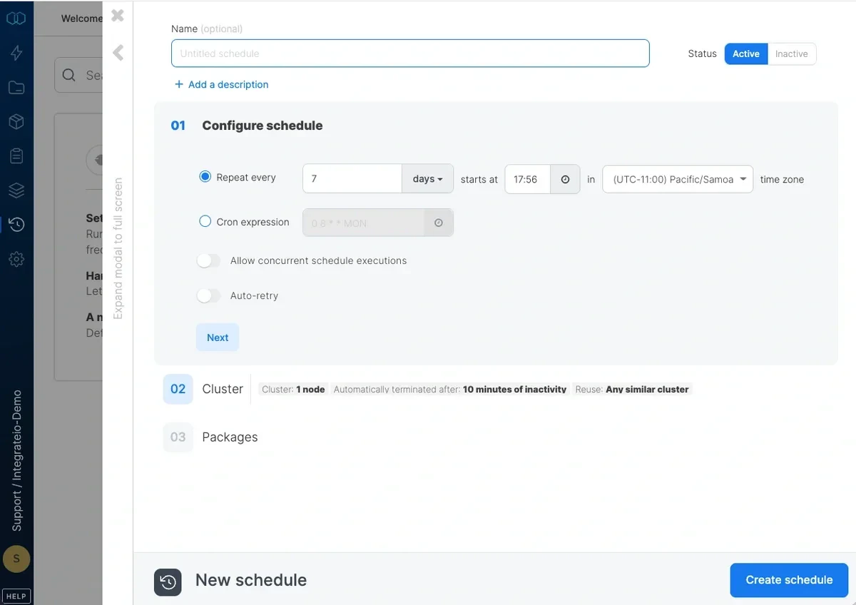 Schedules page with New schedule button