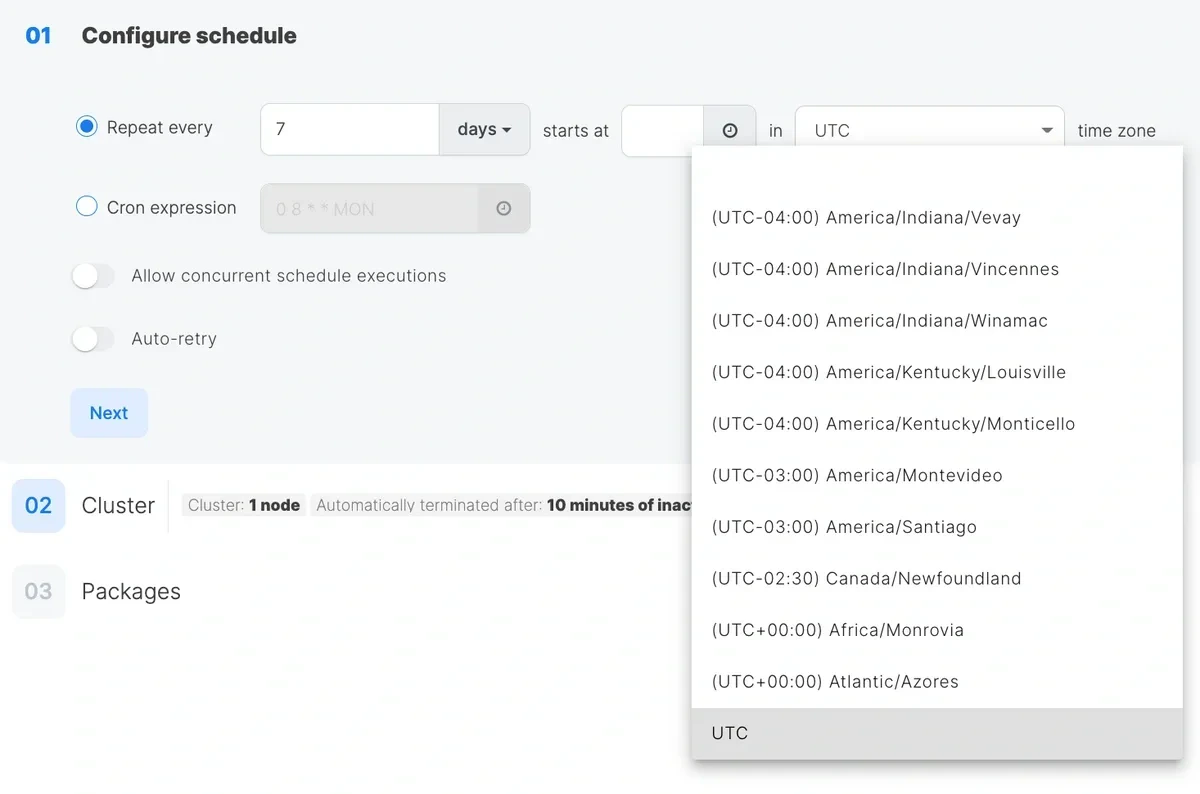 Schedule configuration with repeat interval and timezone settings