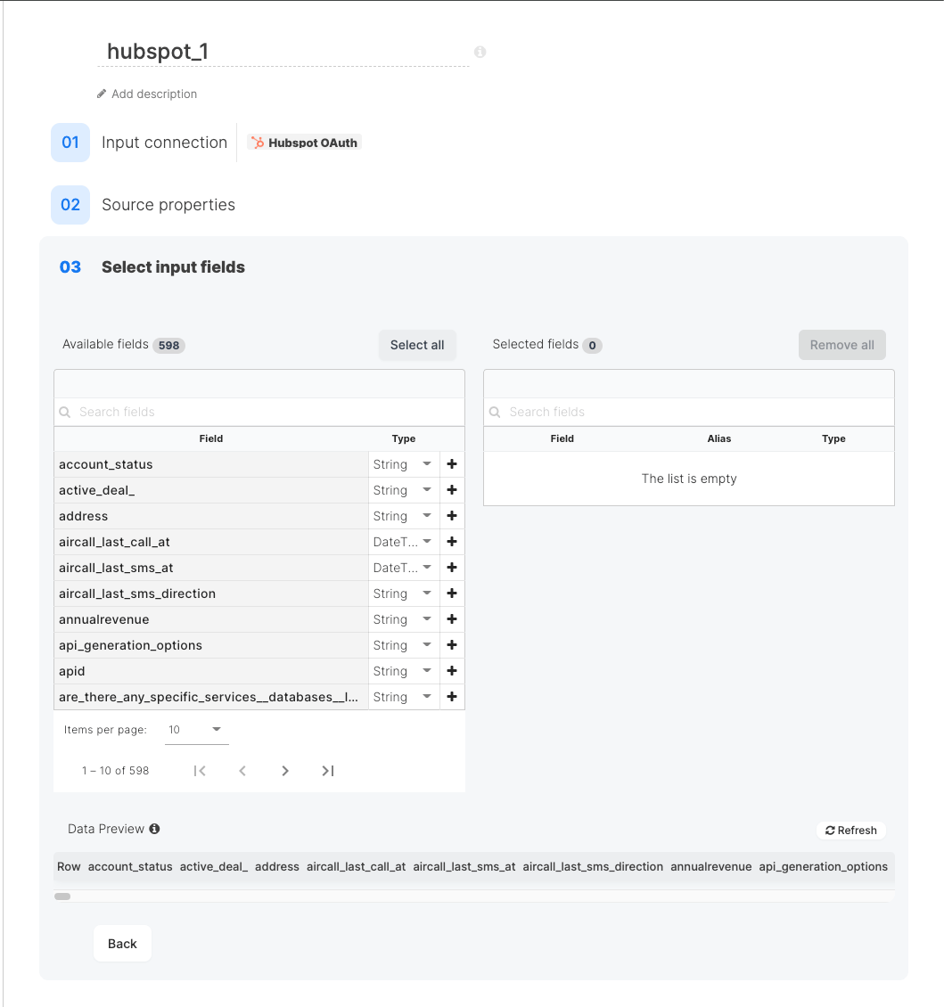 Select input fields step listing available HubSpot properties with per-field type dropdowns