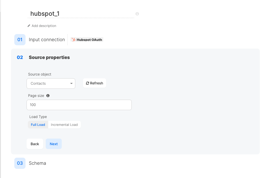 HubSpot source properties with Source object, Page size, and Load Type set to Full Load
