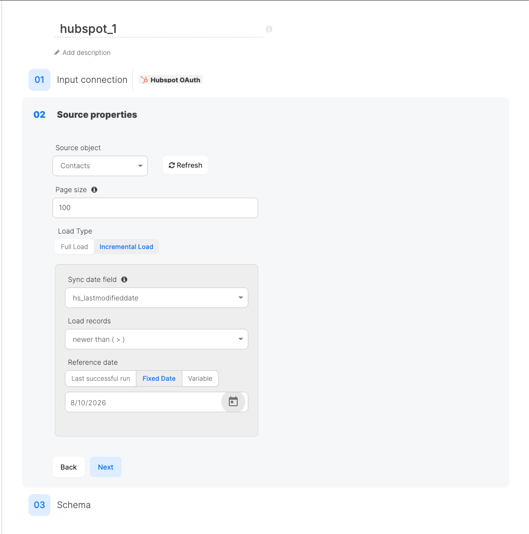 Incremental Load settings showing Sync date field, Load records, and Reference date