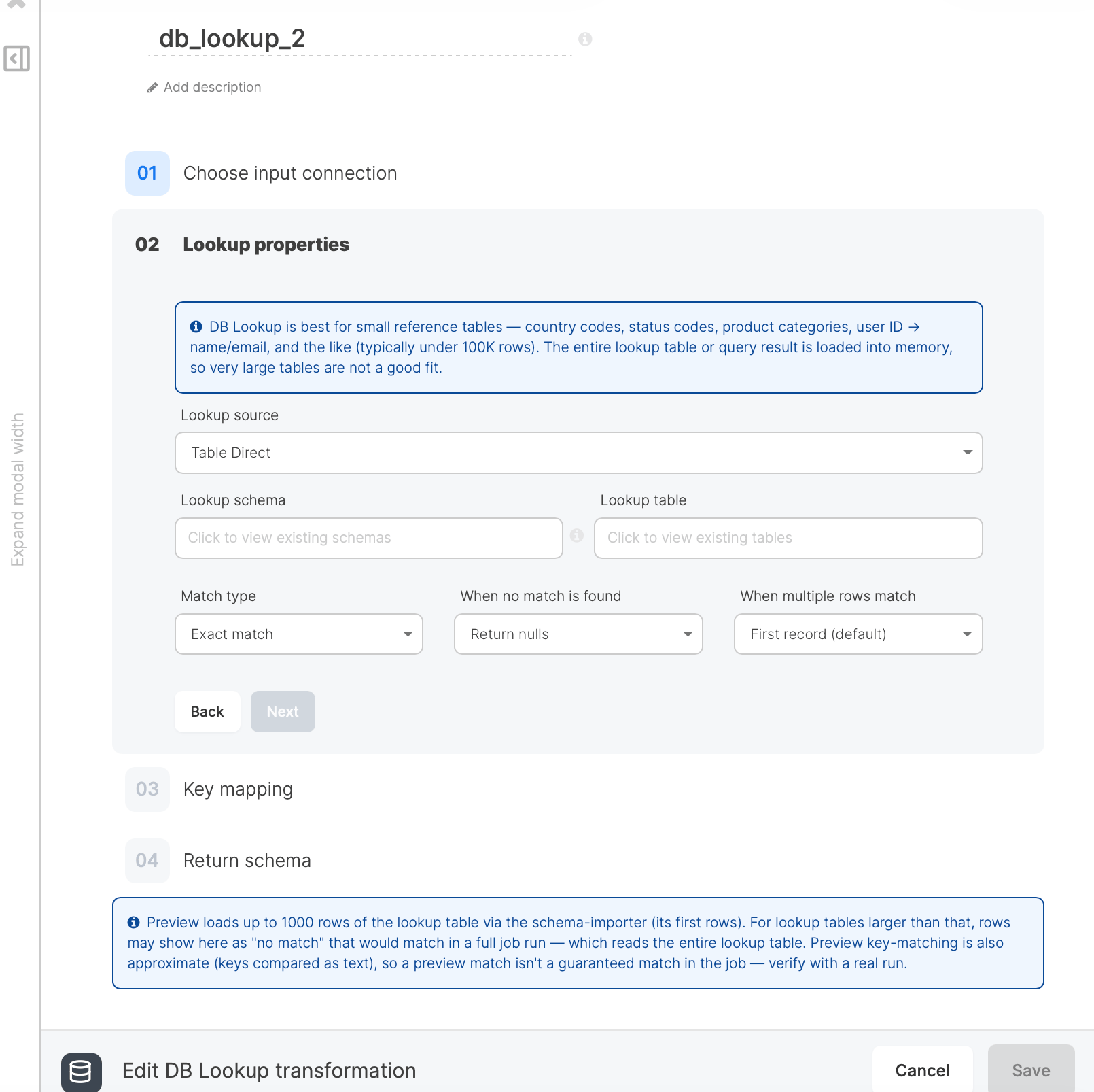 DB Lookup transformation editor showing the four configuration steps with Lookup properties expanded