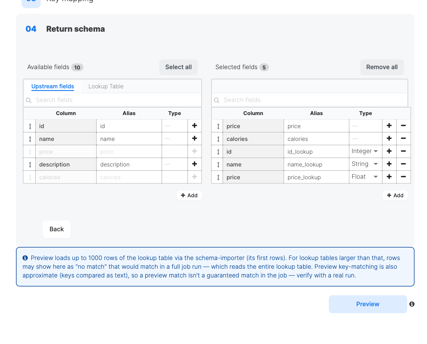 Return schema step showing Upstream fields and Lookup Table tabs, with selected fields and auto-renamed aliases