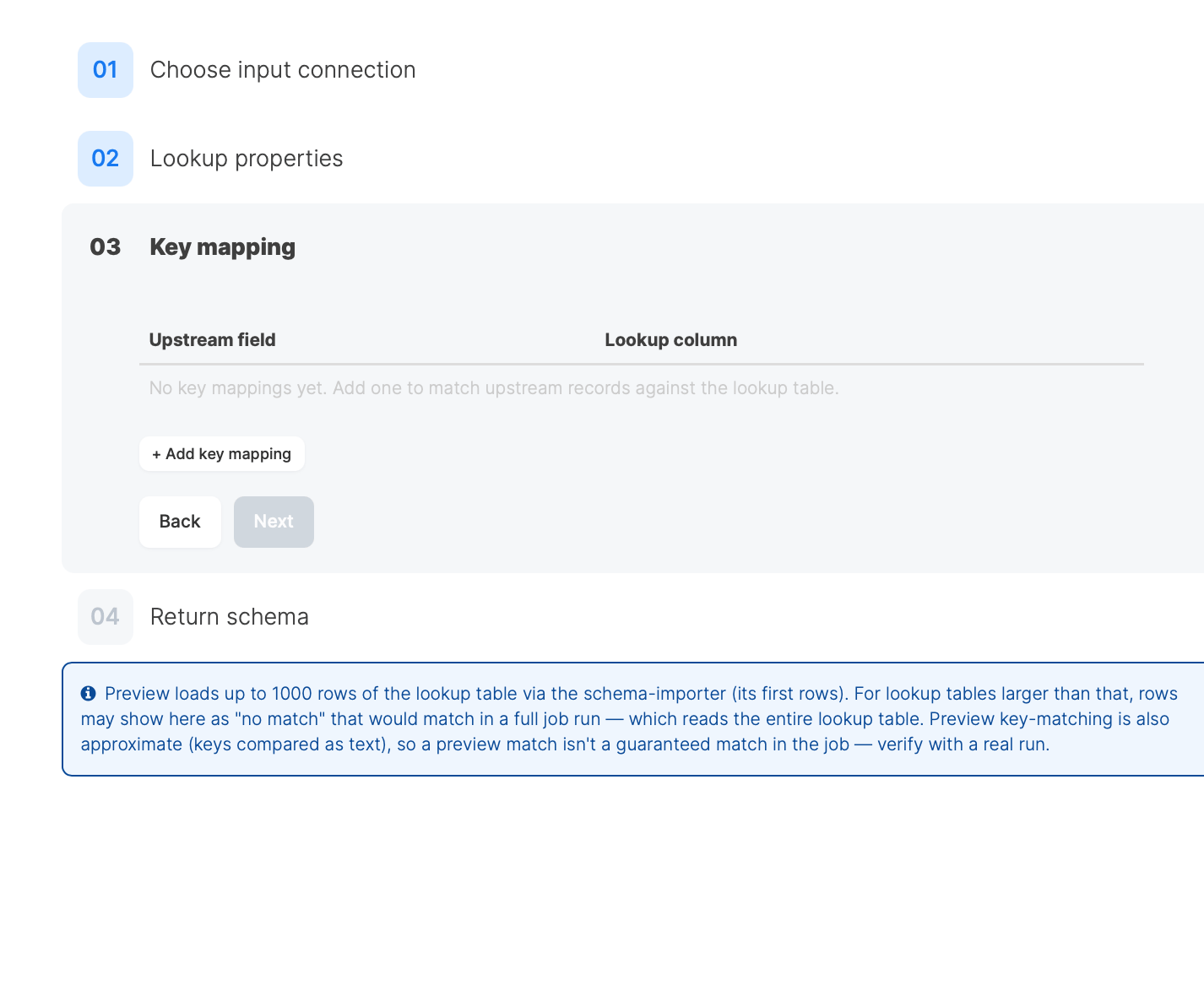 Key mapping step with Upstream field and Lookup column columns and an Add key mapping button