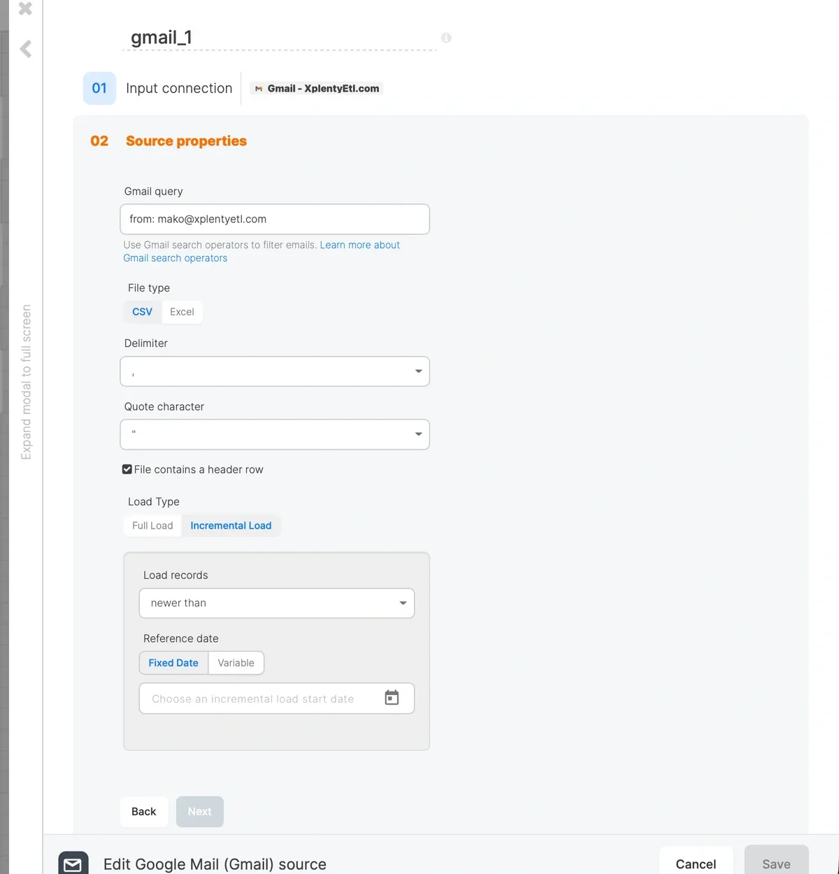 Gmail source component configuration
