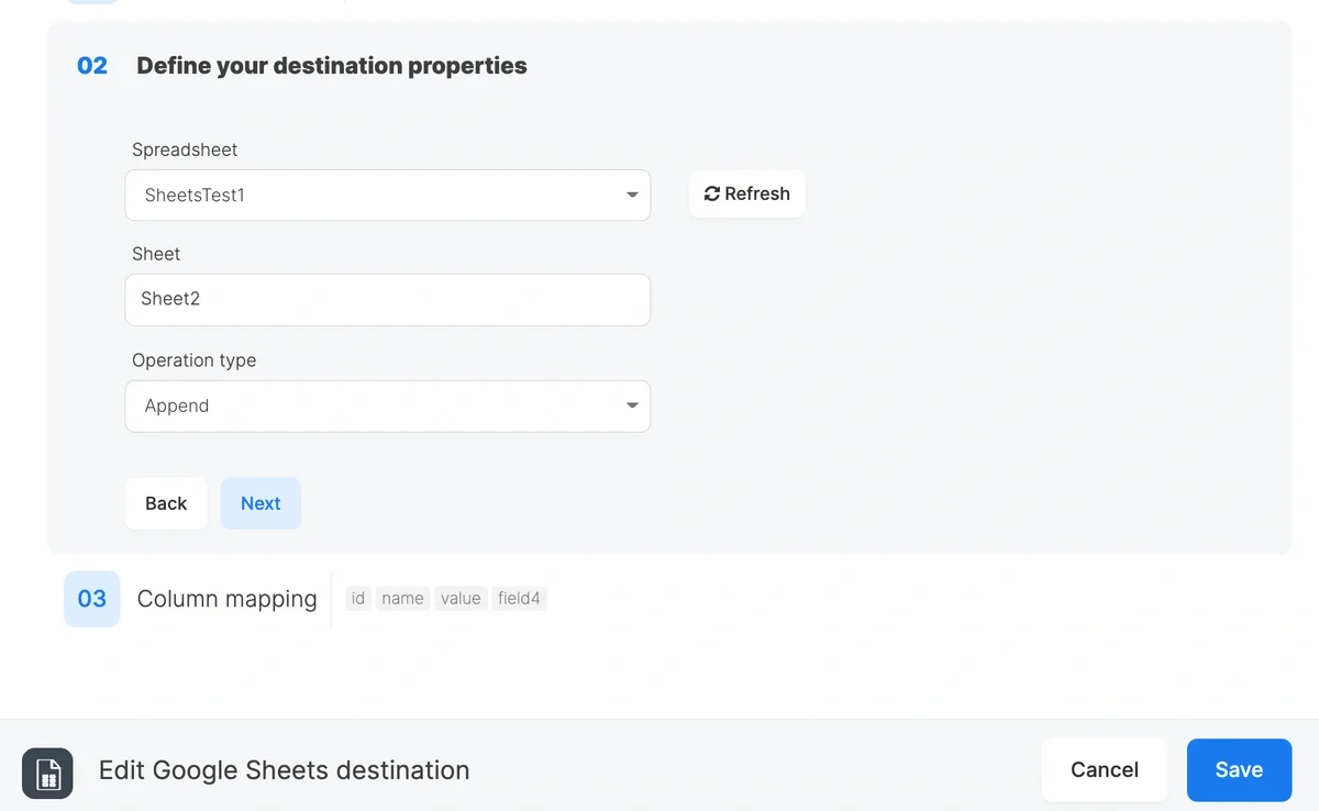 Google Sheets destination component configuration