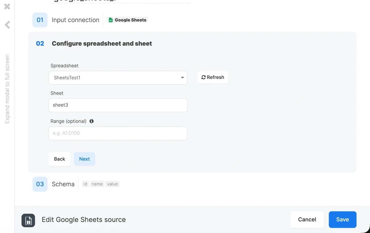 Google Sheets source component configuration