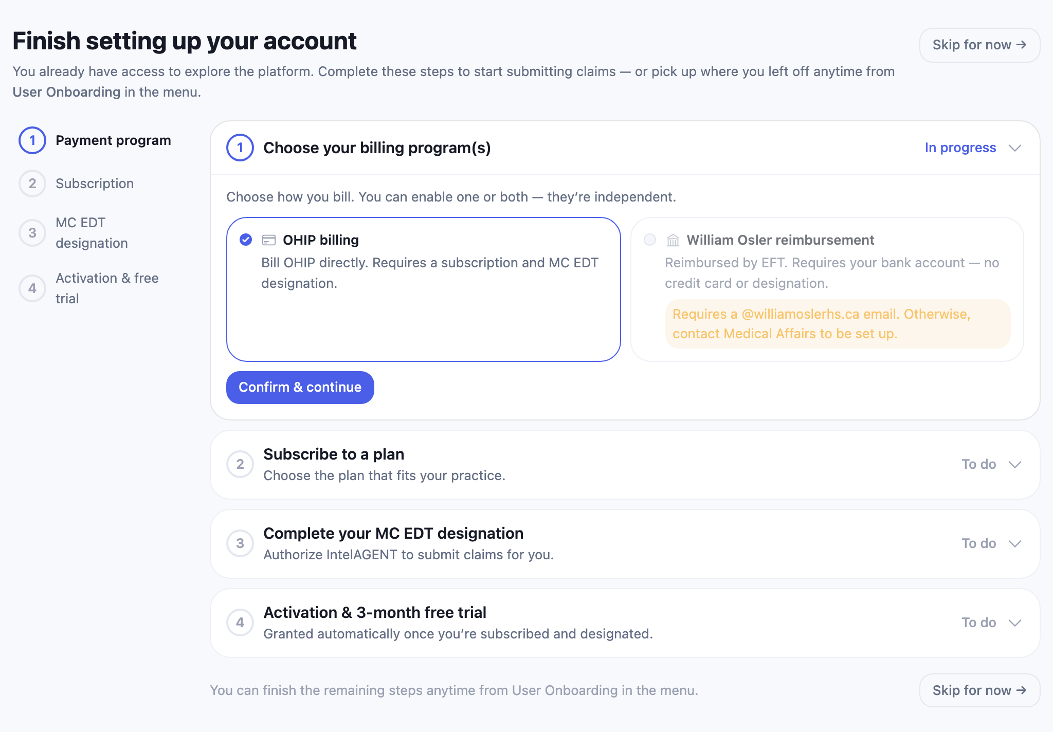 The onboarding wizard showing a numbered step list on the left and the Choose your billing program(s) step open on the right