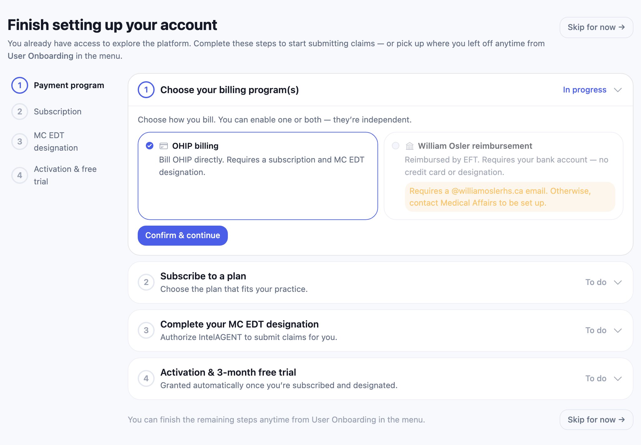 The onboarding wizard showing a numbered step list on the left and the Choose your billing program(s) step open on the right
