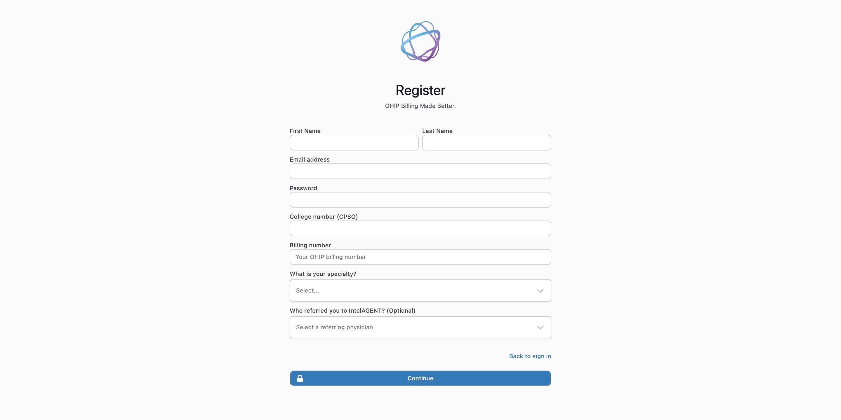 The IntelAGENT Register page with First Name, Last Name, Email address, Password, College number, and Billing number fields and a Continue button