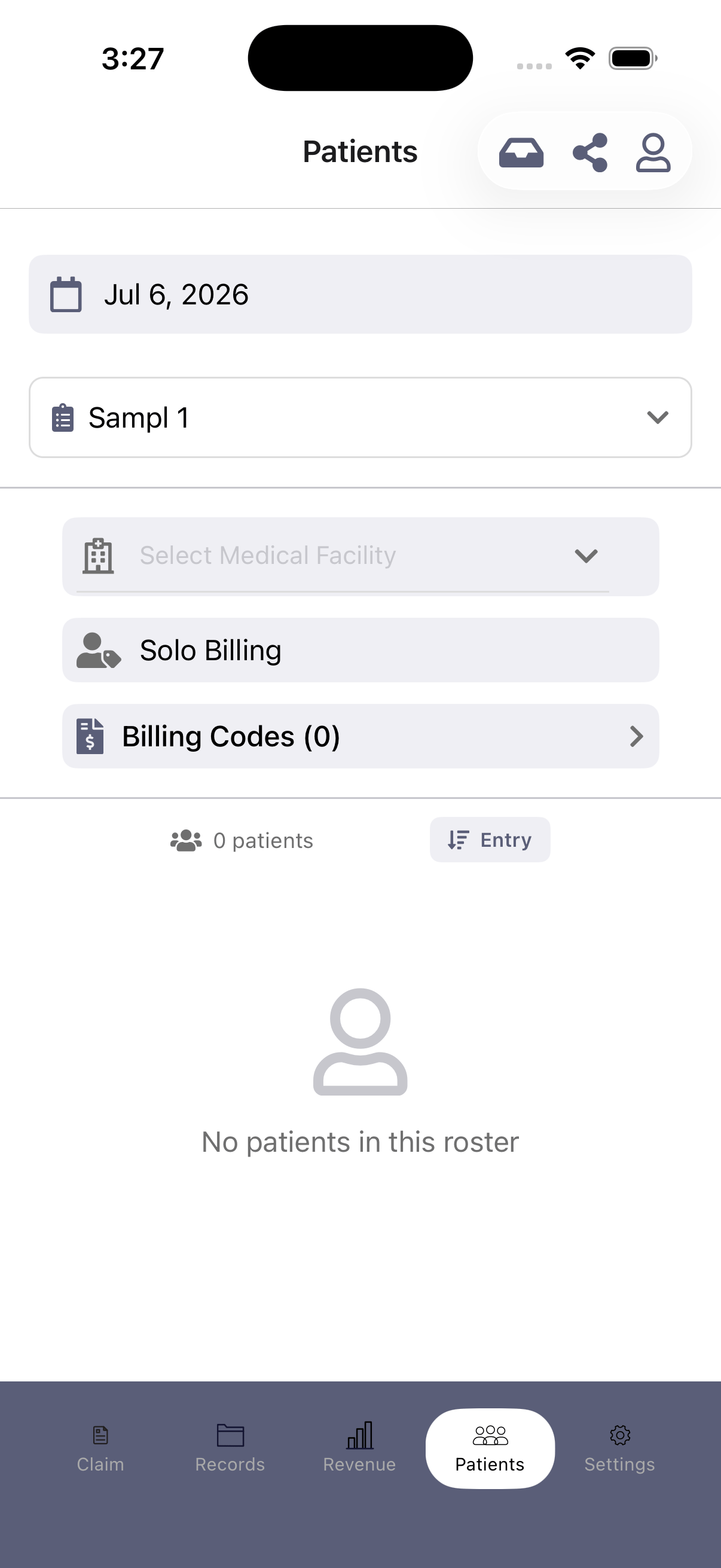 The Patients tab header showing the shared-with-me (inbox), share, and add-patient icons