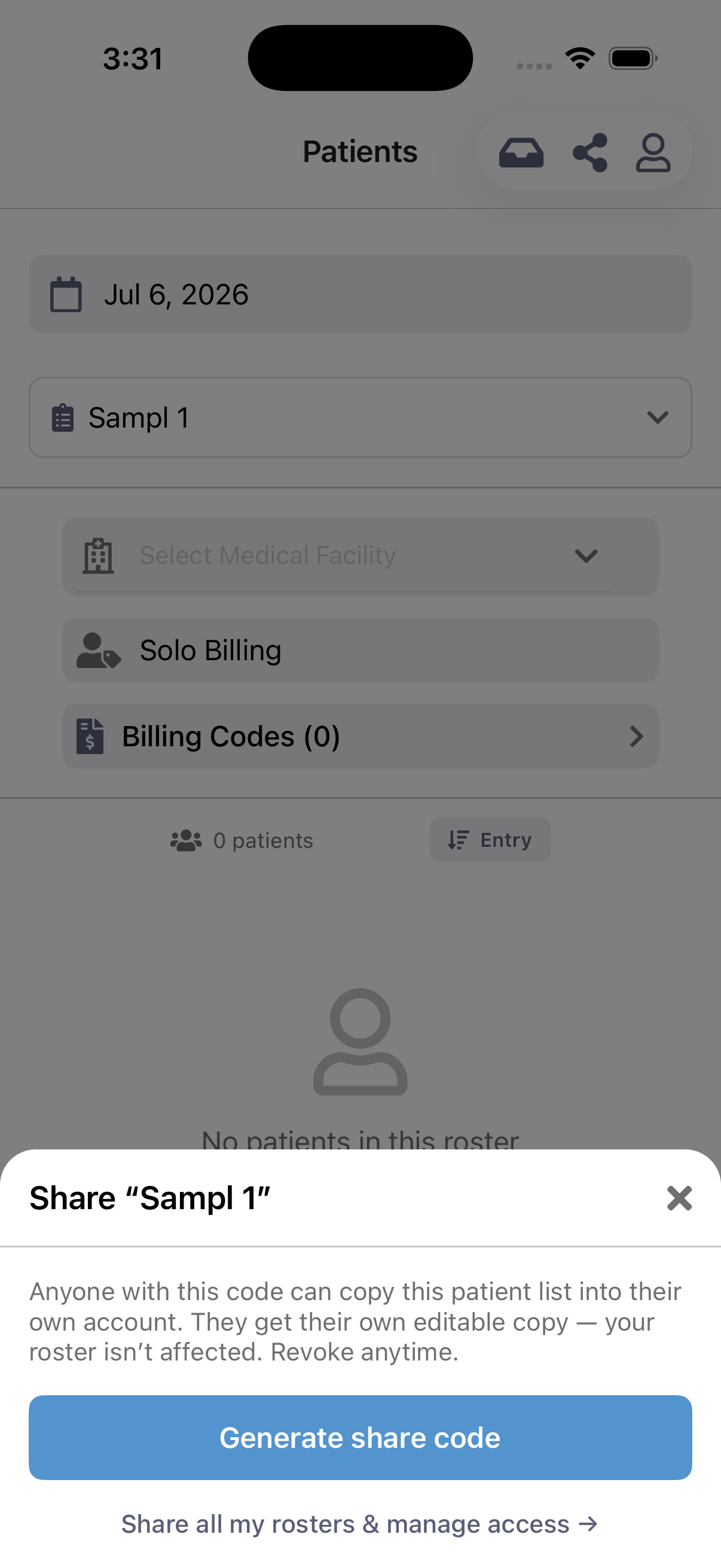 Share sheet explaining that anyone with the code gets their own editable copy, with a Generate share code button